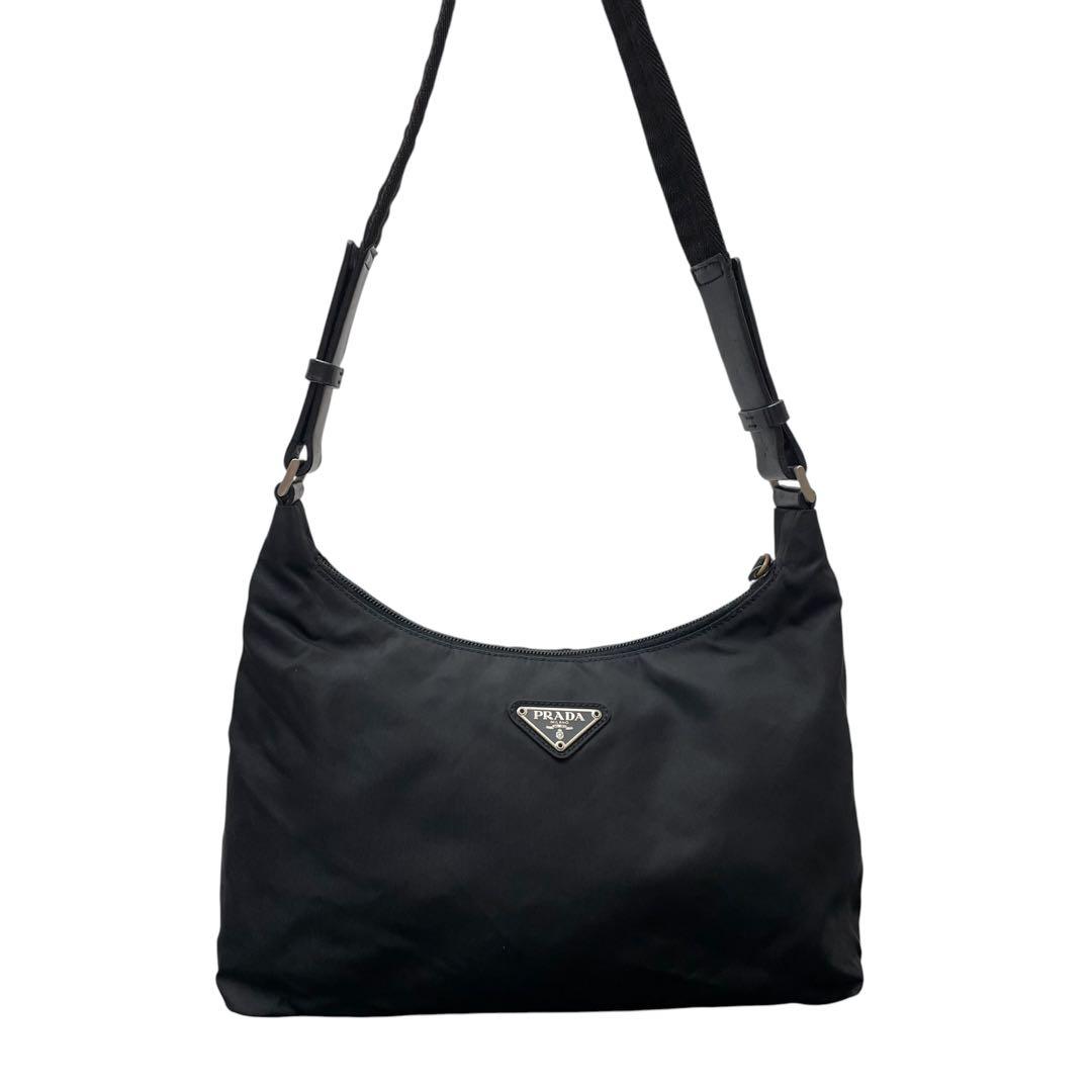 Prada Nylon x leather Shoulder Bag Triangle Plate Logo Black — view 2