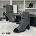 Chanel CC Logo Leather Patent Belt Short Boots Gray