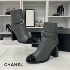 Chanel CC Logo Leather Patent Belt Short Boots Gray