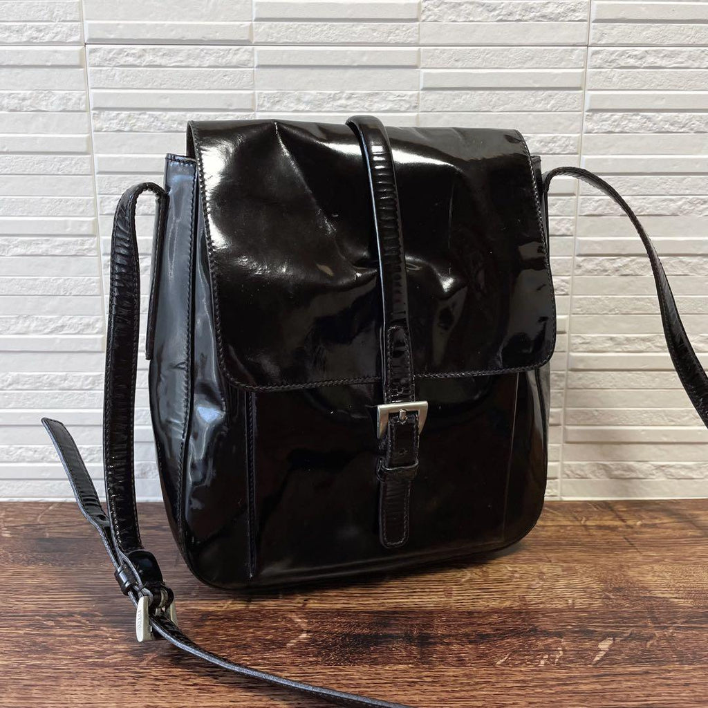 Prada Logo Patent Patent Leather Shoulder Bag Dark Brown