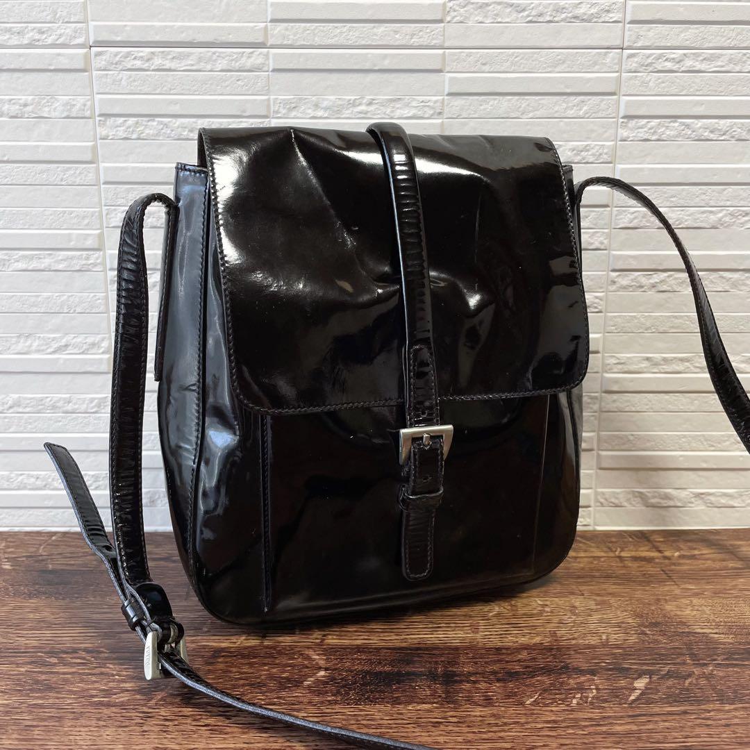 Prada Logo Patent Patent Leather Shoulder Bag Dark Brown