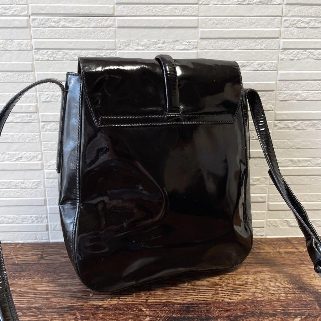 Prada Logo Patent Patent Leather Shoulder Bag Dark Brown