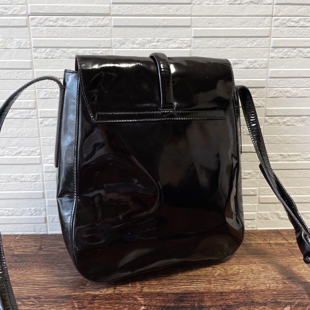Prada Logo Patent Patent Leather Shoulder Bag Dark Brown