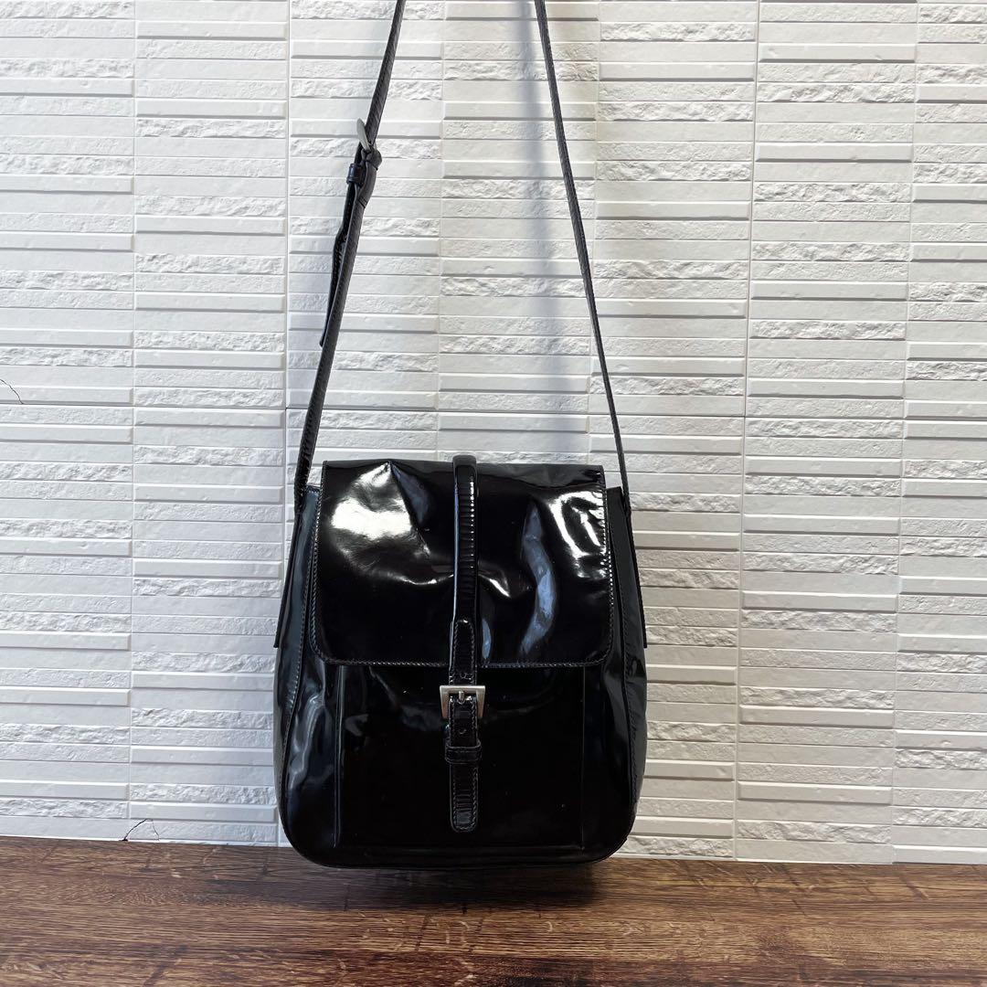 Prada Logo Patent Patent Leather Shoulder Bag Dark Brown