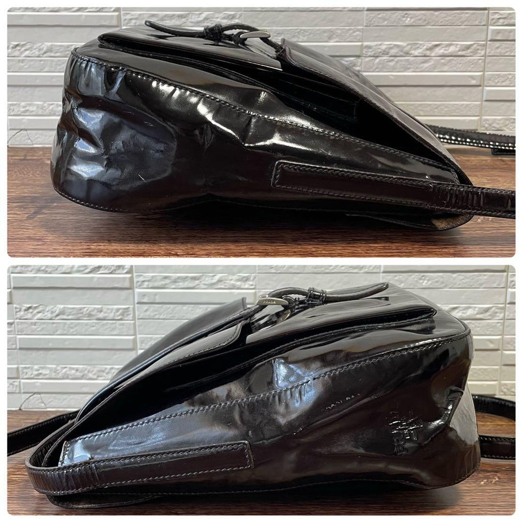 Prada Logo Patent Patent Leather Shoulder Bag Dark Brown