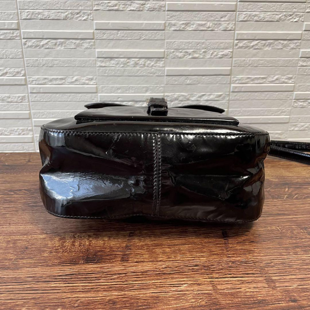 Prada Logo Patent Patent Leather Shoulder Bag Dark Brown