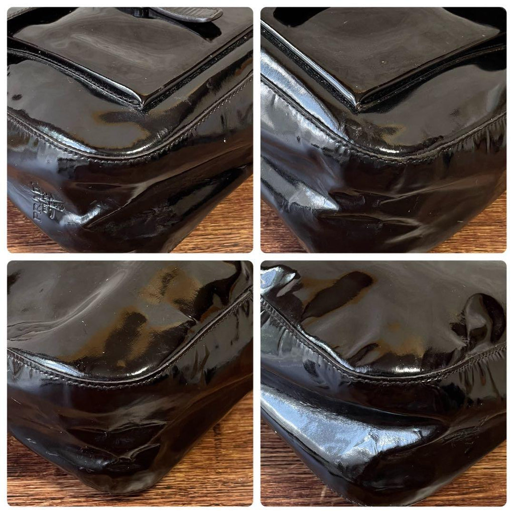 Prada Logo Patent Patent Leather Shoulder Bag Dark Brown