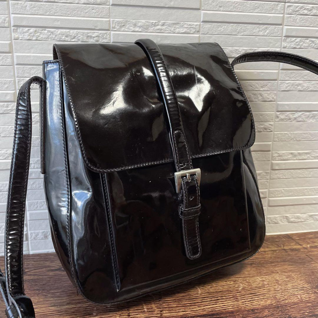 Prada Logo Patent Patent Leather Shoulder Bag Dark Brown