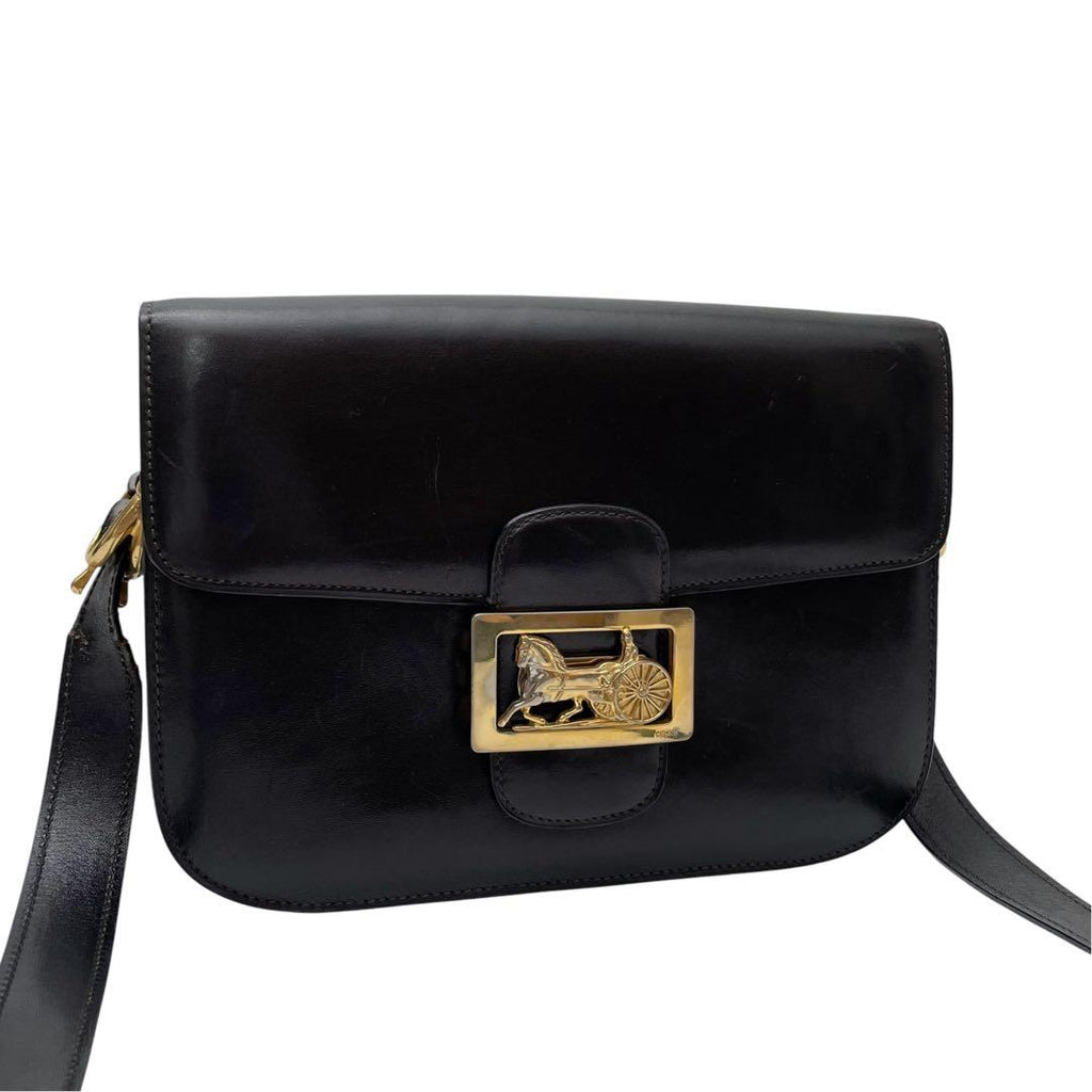 Celine Leather Carriage Logo Gold Shoulder Bag Dark Brown