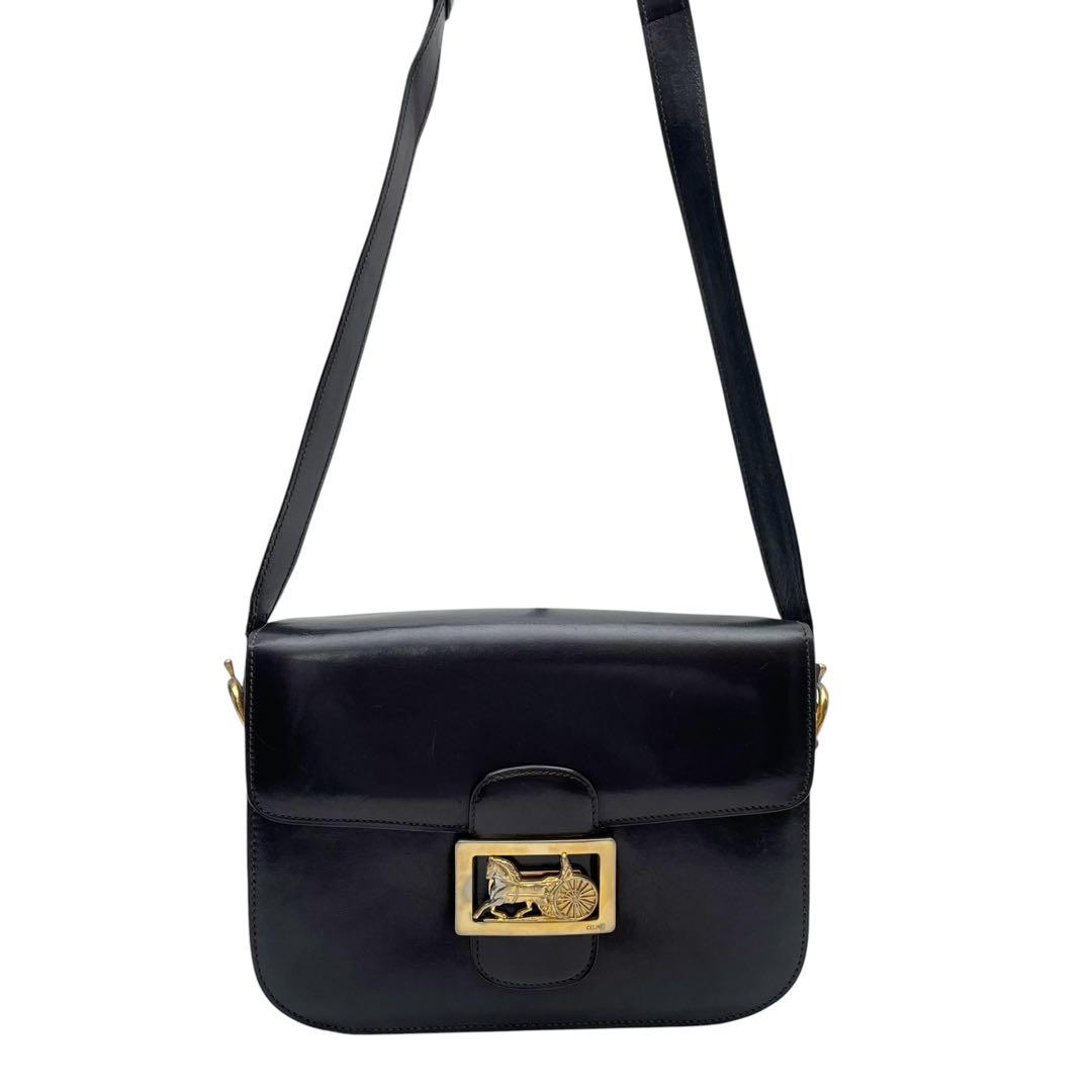 Celine Leather Carriage Logo Gold Shoulder Bag Dark Brown — view 3