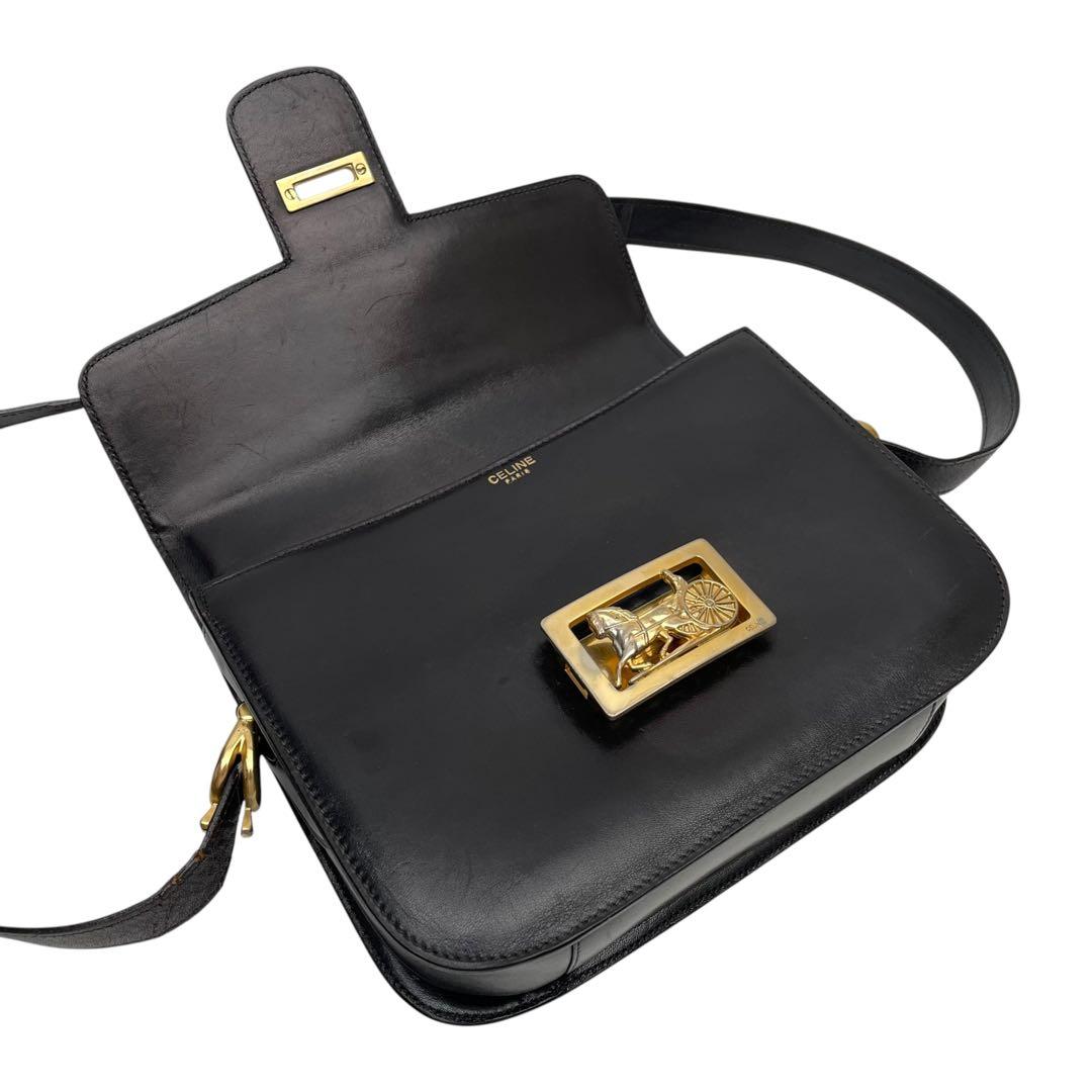 Celine Leather Carriage Logo Gold Shoulder Bag Dark Brown — view 7