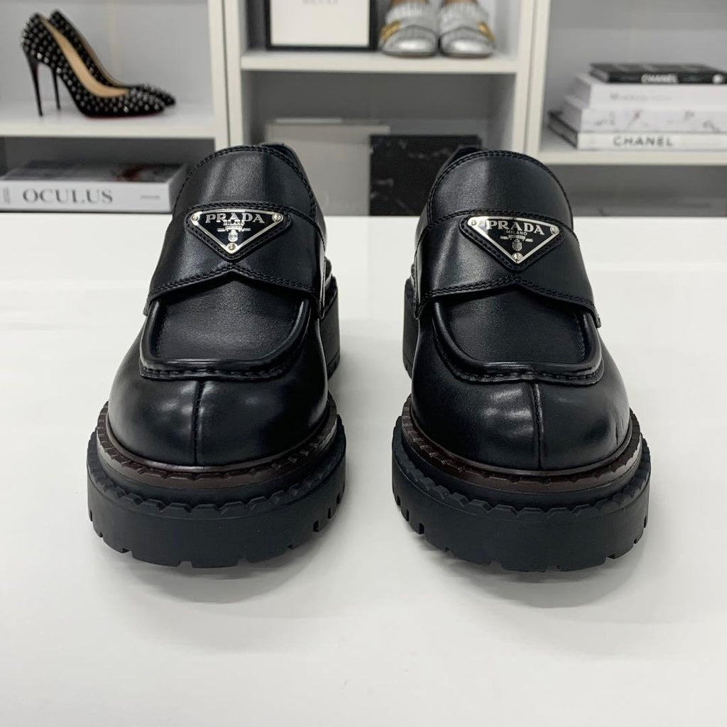 Prada Double Chocolate Triangle Logo Leather Loafers Black — view 4