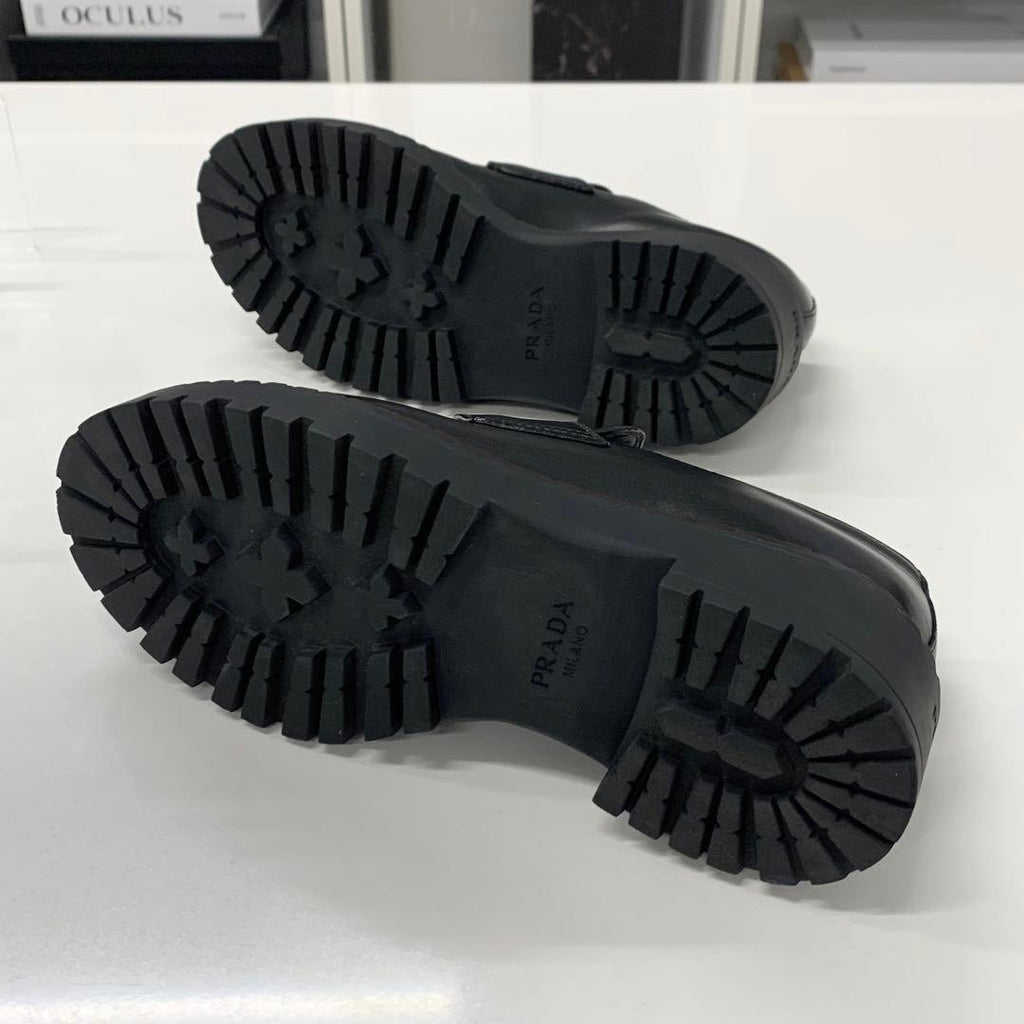 Prada Double Chocolate Triangle Logo Leather Loafers Black — view 7