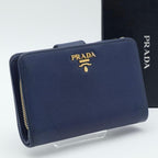 Prada Metal Logo Bifold Wallet L-shaped Zip Saffiano