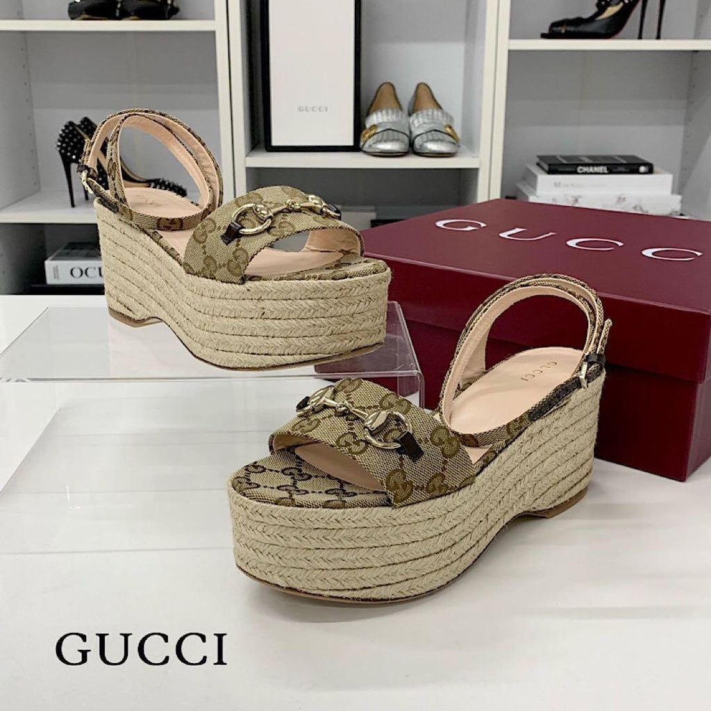 Gucci Canvas GG Logo Horsebit Platform Sandals