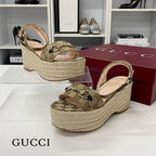 Gucci Canvas GG Logo Horsebit Platform Sandals