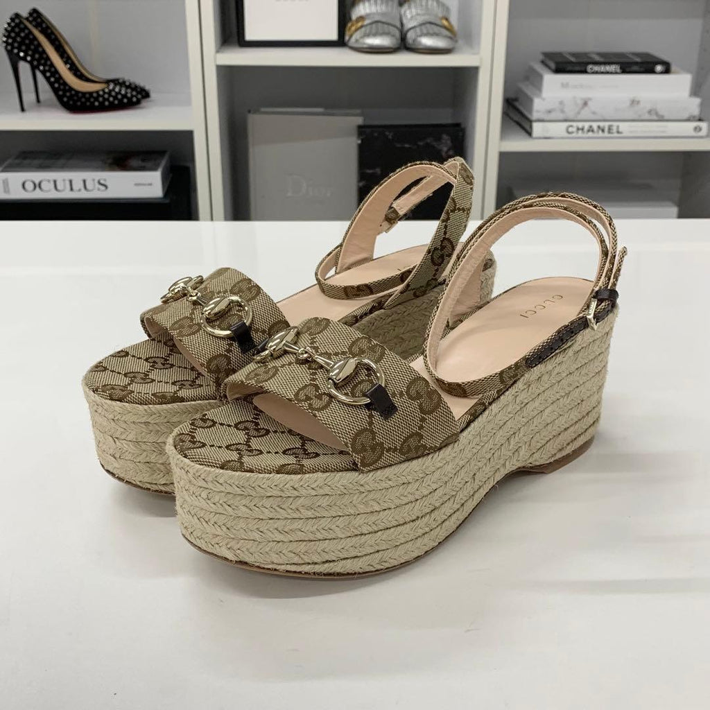 Gucci Canvas GG Logo Horsebit Platform Sandals — view 3