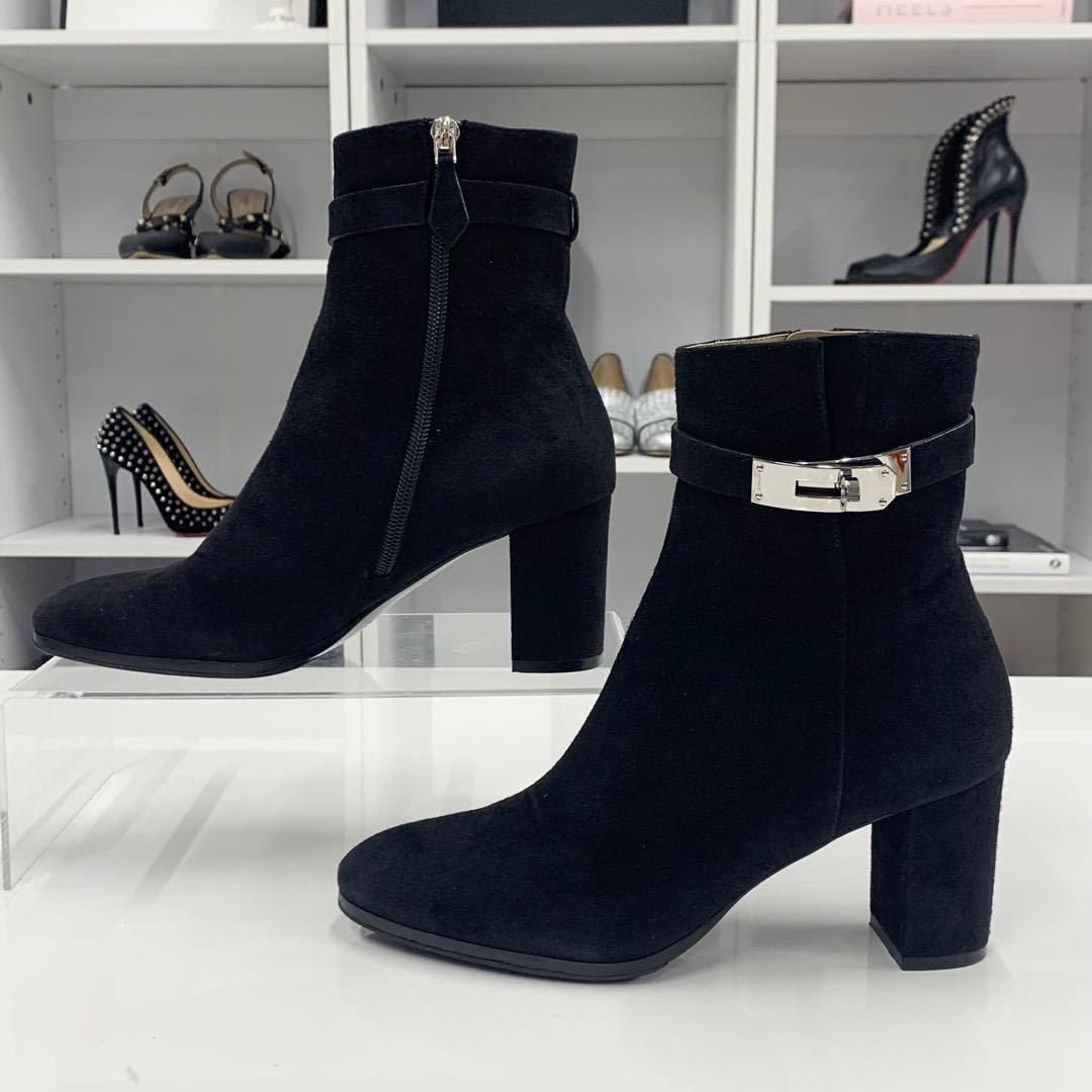 Hermes Saint Germain Kelly Hardware Suede Short Boots Black — view 2