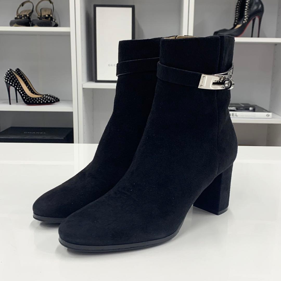 Hermes Saint Germain Kelly Hardware Suede Short Boots Black — view 3