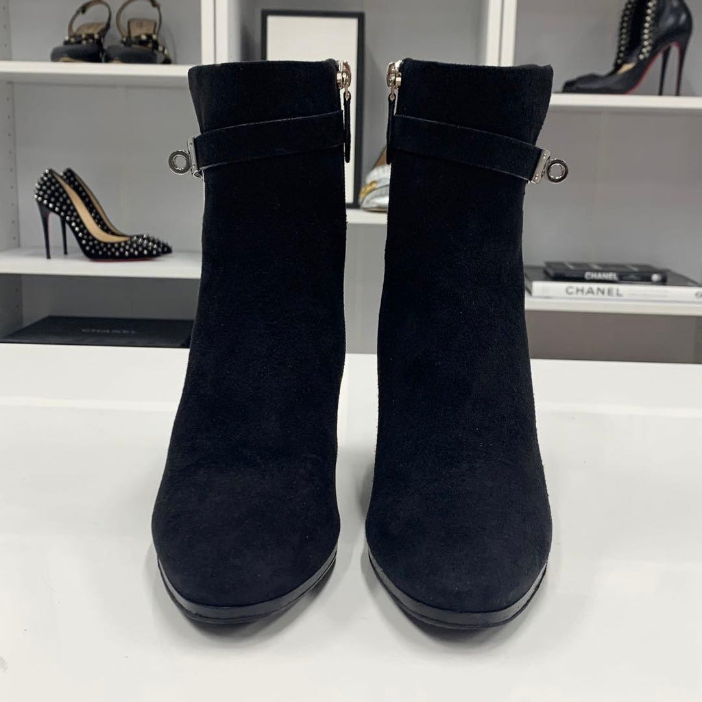 Hermes Saint Germain Kelly Hardware Suede Short Boots Black — view 4