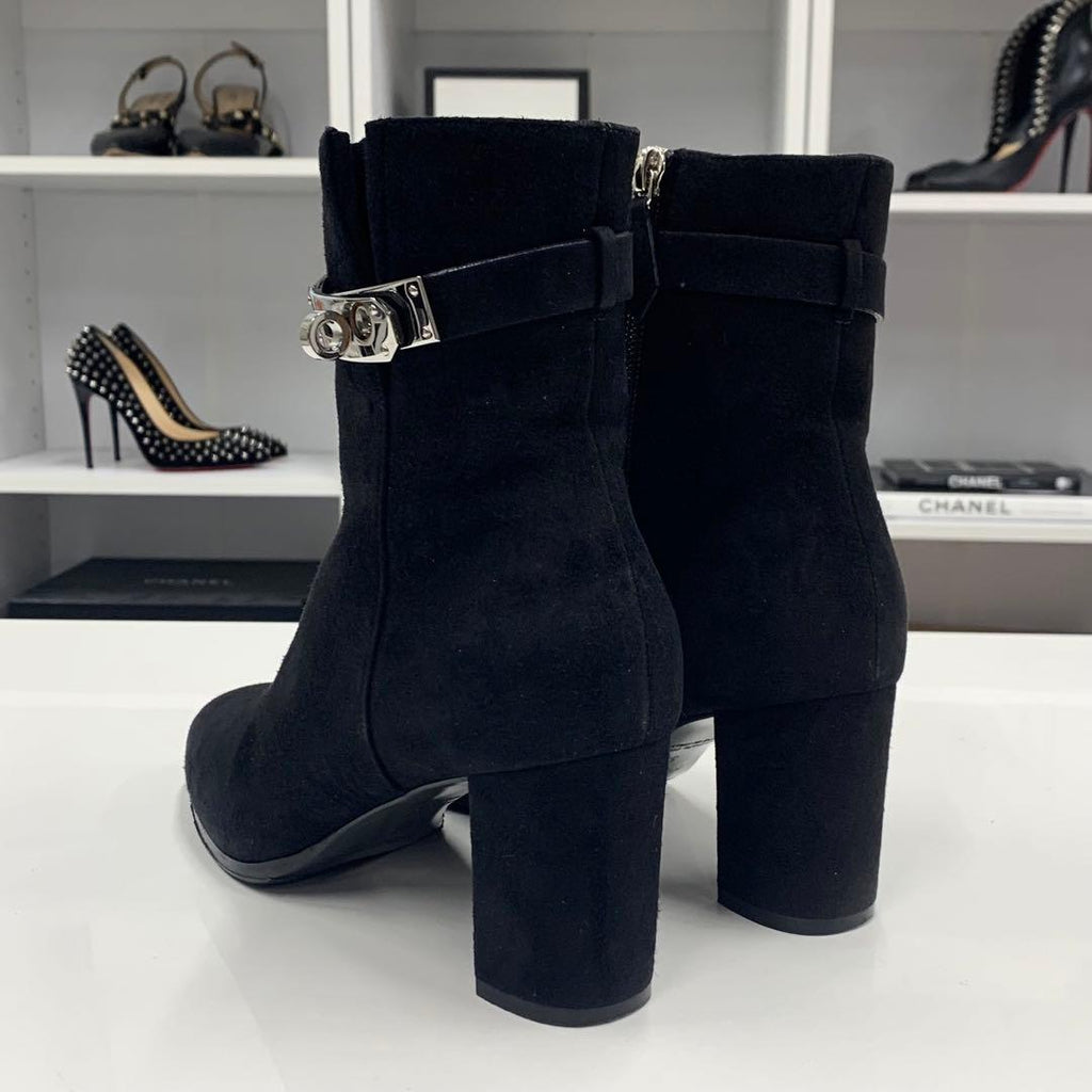Hermes Saint Germain Kelly Hardware Suede Short Boots Black — view 5