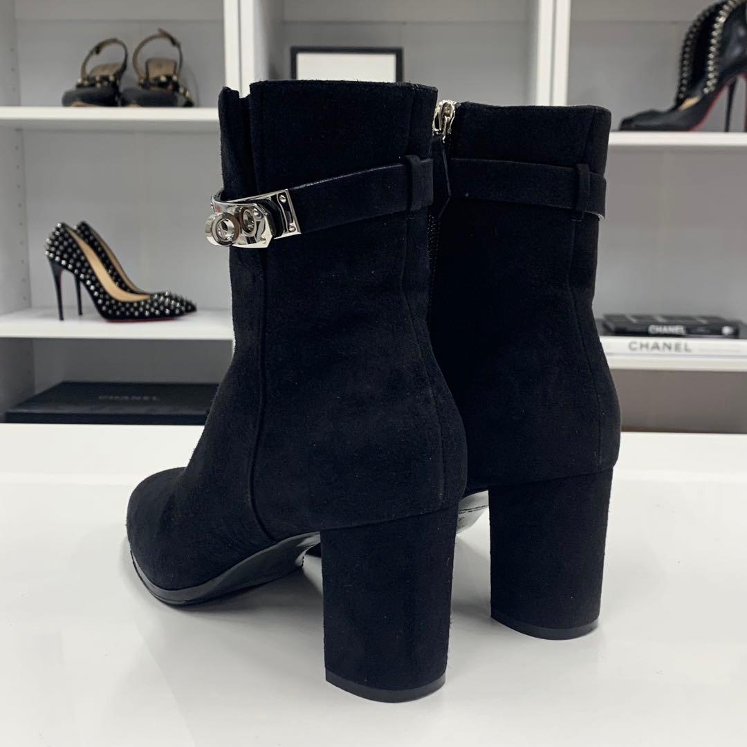 Hermes Saint Germain Kelly Hardware Suede Short Boots Black — view 5