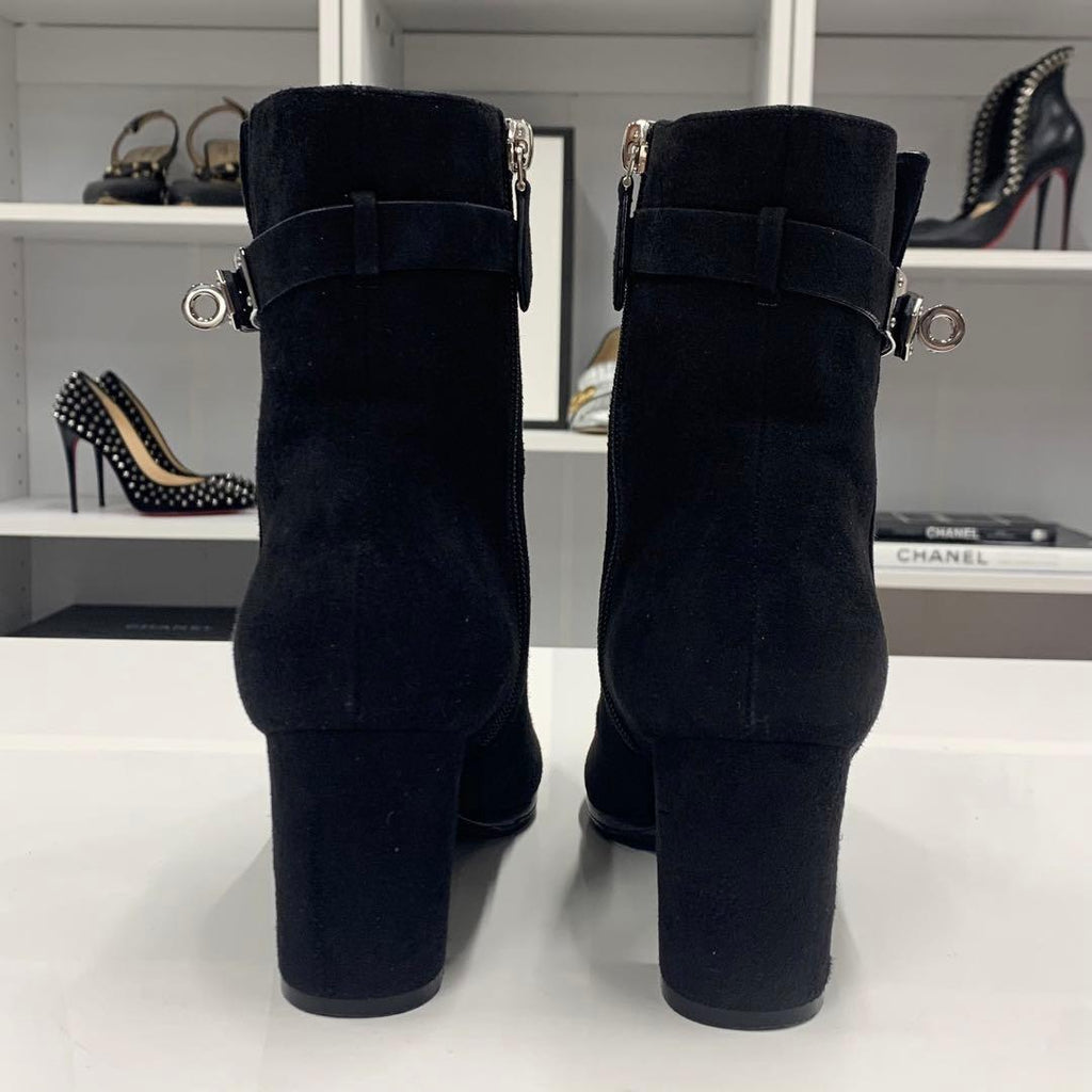 Hermes Saint Germain Kelly Hardware Suede Short Boots Black — view 6