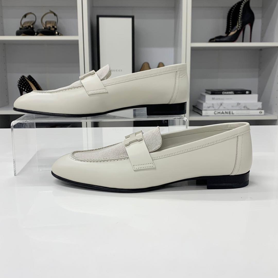 Hermes Paris Leather Canvas Loafers Ivory — view 3