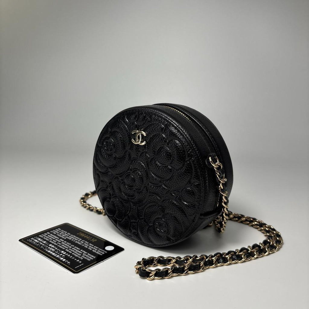 Chanel Caviar Leather Camellia Round Shoulder Bag Black — view 2