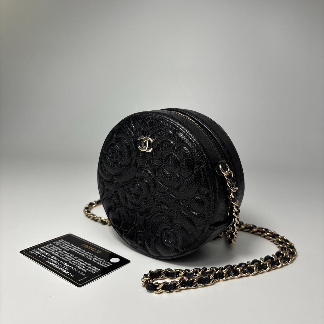 Chanel Caviar Leather Camellia Round Shoulder Bag Black — view 2