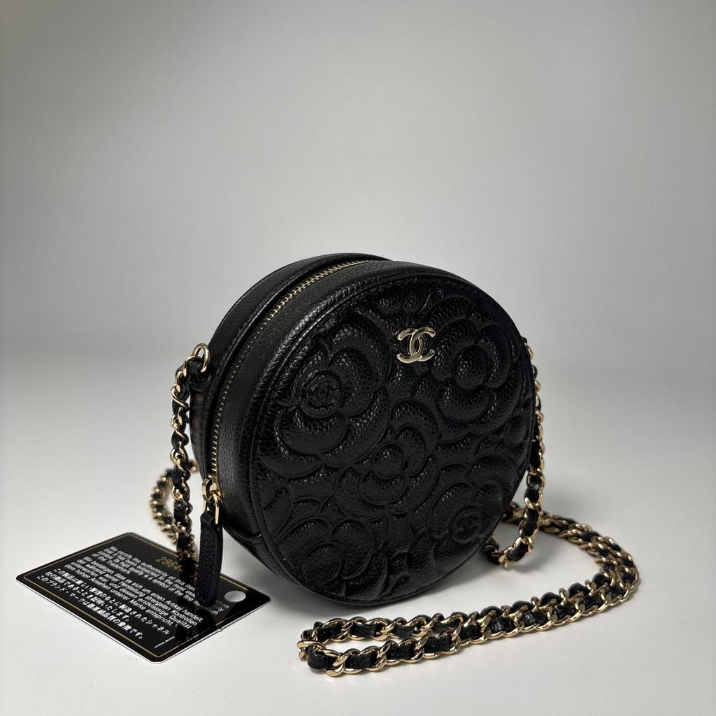 Chanel Caviar Leather Camellia Round Shoulder Bag Black — view 3