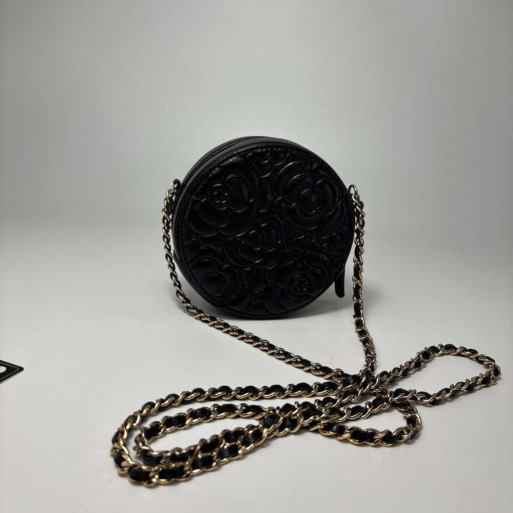 Chanel Caviar Leather Camellia Round Shoulder Bag Black — view 5
