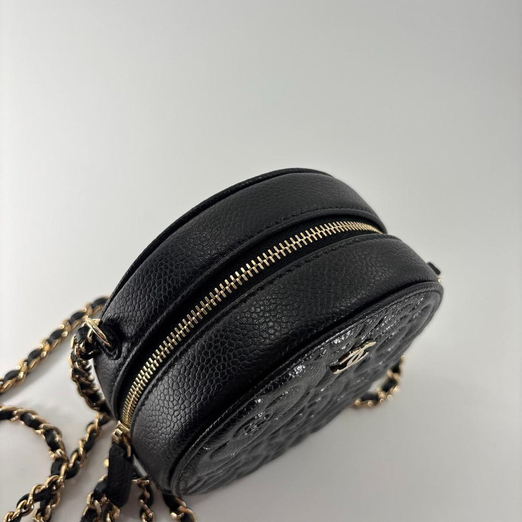Chanel Caviar Leather Camellia Round Shoulder Bag Black — view 6