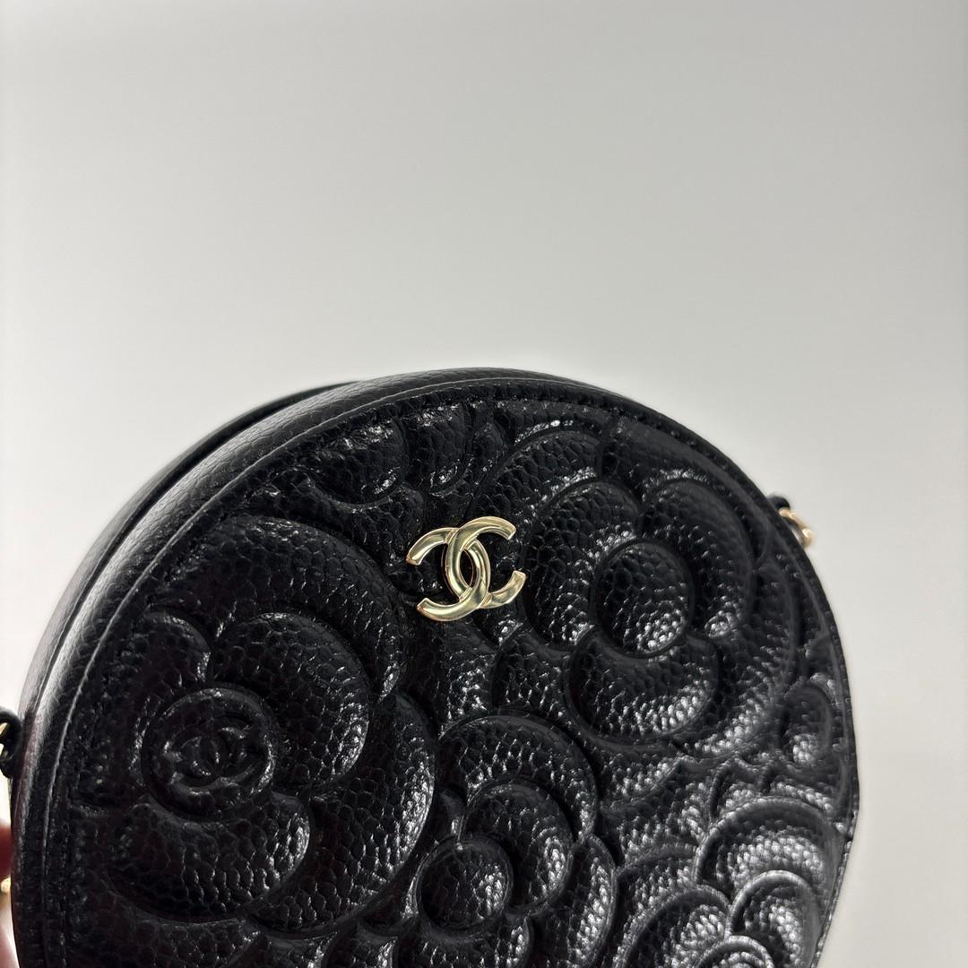 Chanel Caviar Leather Camellia Round Shoulder Bag Black — view 7