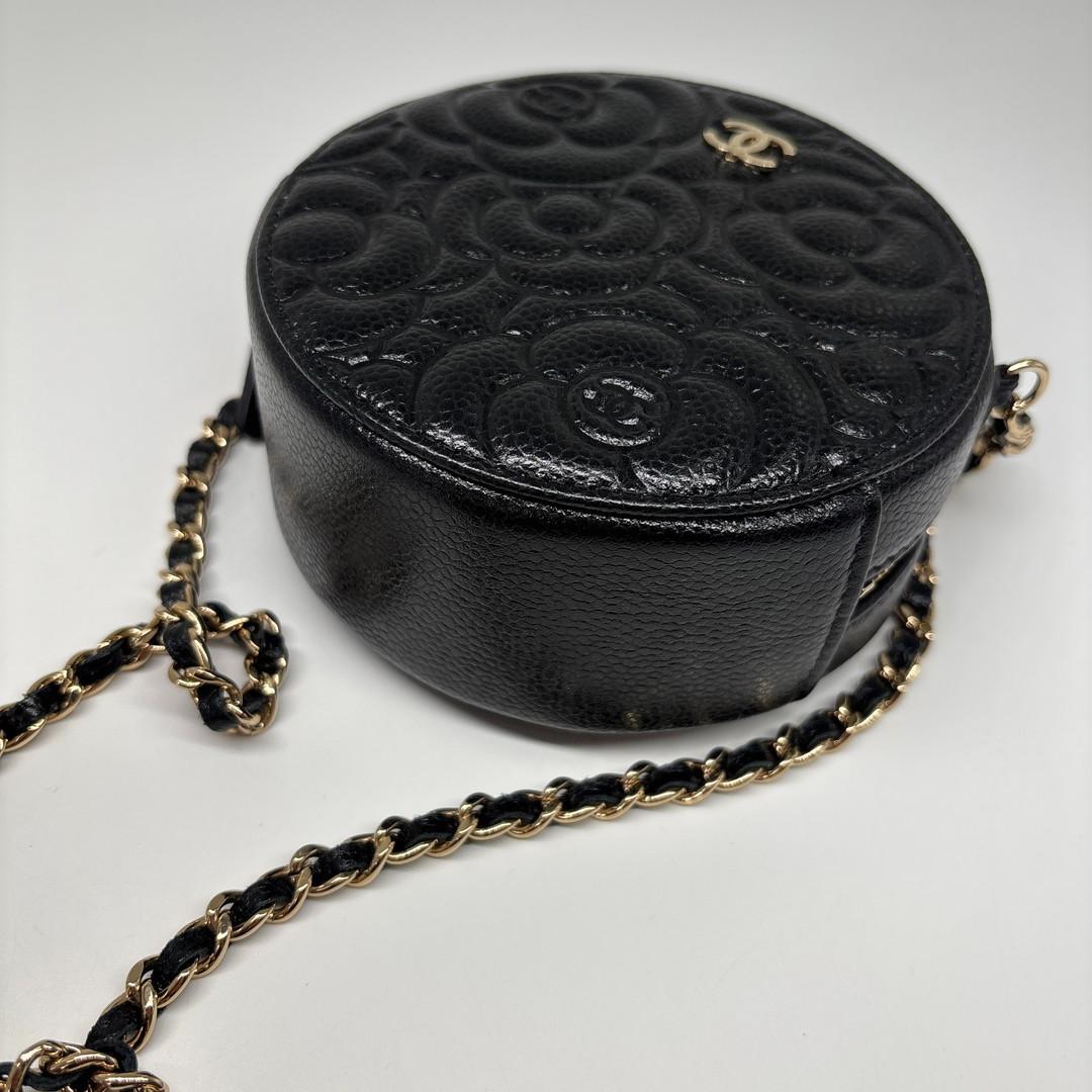 Chanel Caviar Leather Camellia Round Shoulder Bag Black — view 9