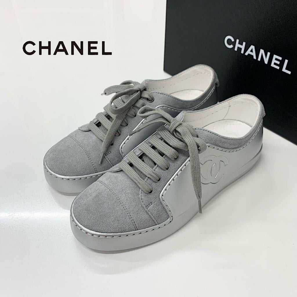Chanel CC Logo Suede Leather Sneakers Gray Silver