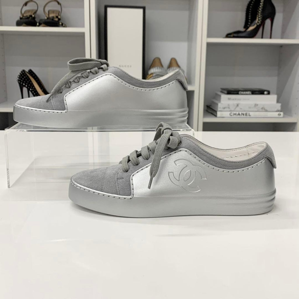 Chanel CC Logo Suede Leather Sneakers Gray Silver — view 3