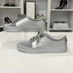 Chanel CC Logo Suede Leather Sneakers Gray Silver — view 3