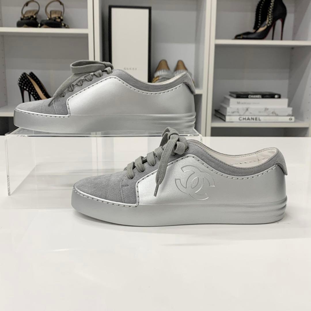 Chanel CC Logo Suede Leather Sneakers Gray Silver — view 3