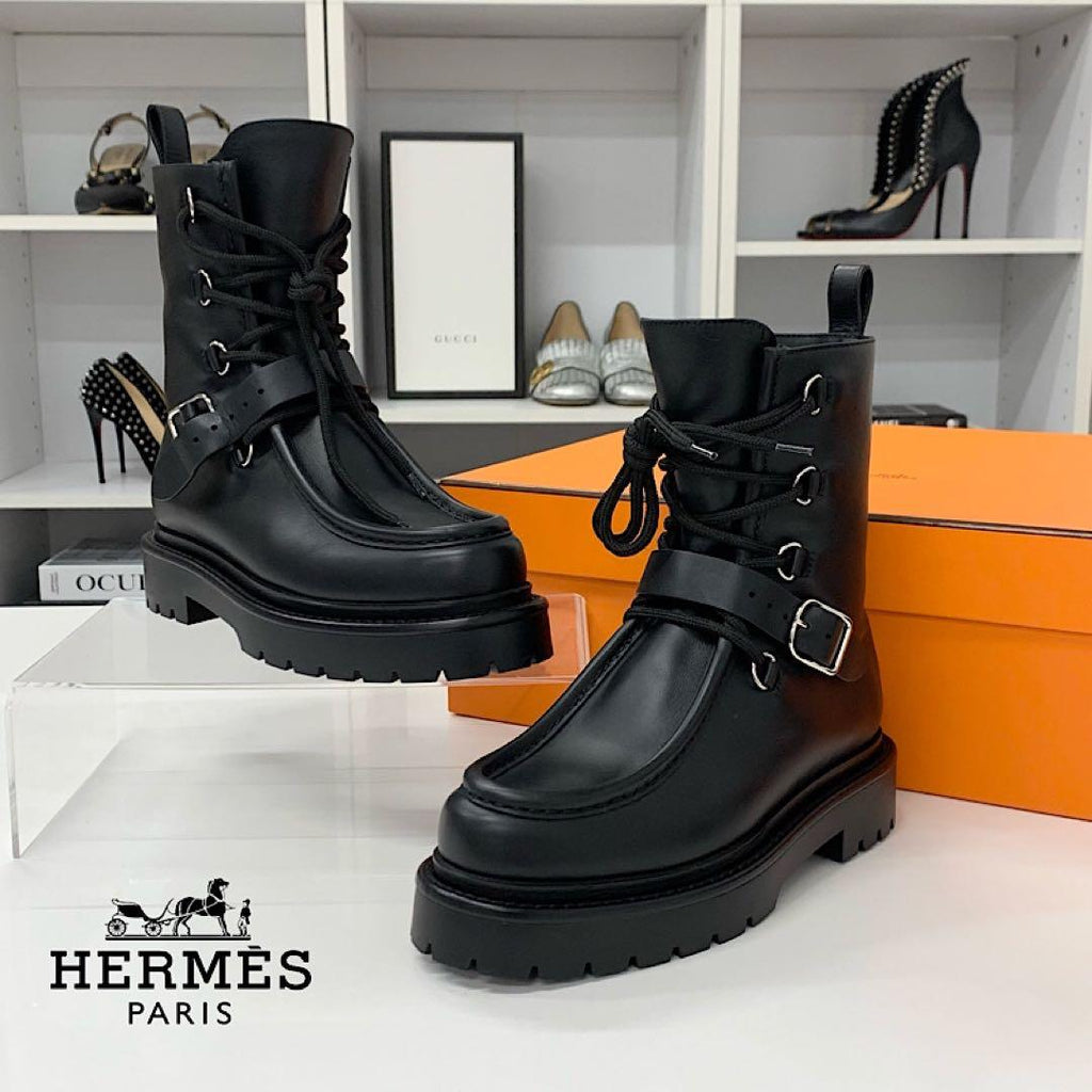 Hermes Land Leather Lace Up Short Boots Black