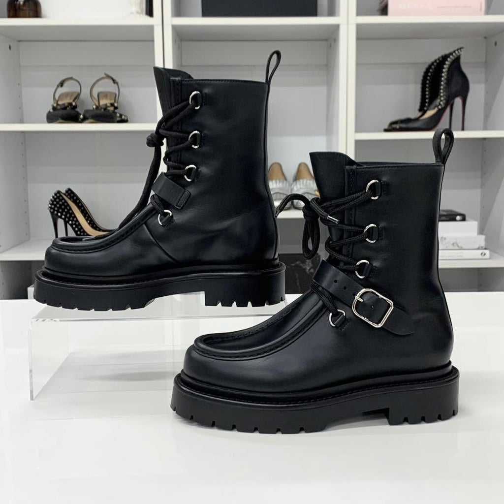 Hermes Land Leather Lace Up Short Boots Black — view 2