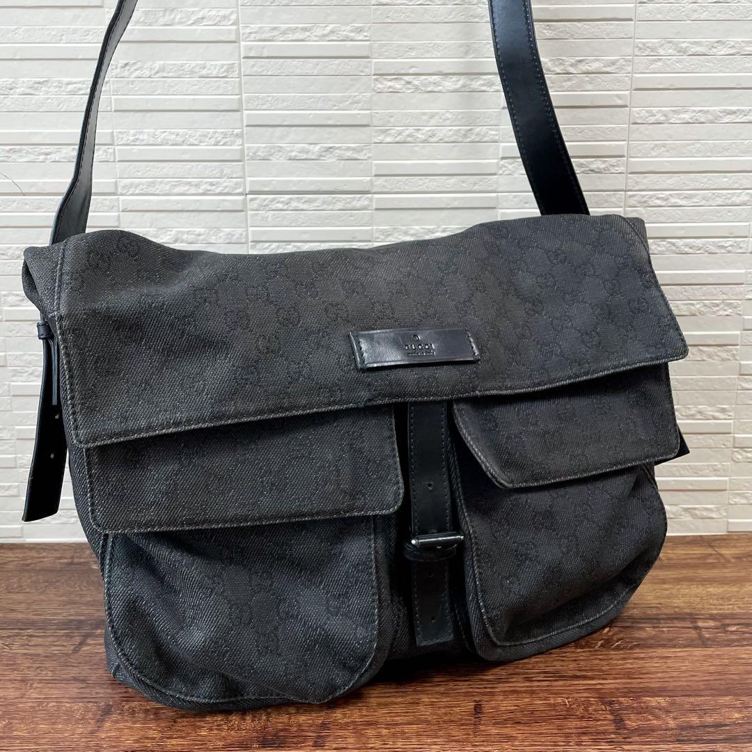 Gucci GG Canvas Leather Shoulder Bag Large Black