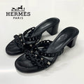 Hermes Aggaccio Leather Chaine D'ancre Studs Sandals Black
