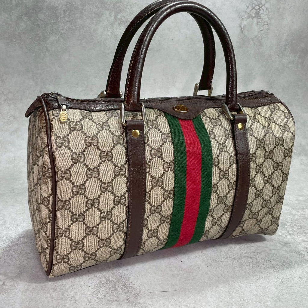 Gucci GG Sherry Line Boston Bag Brown Logo Leather