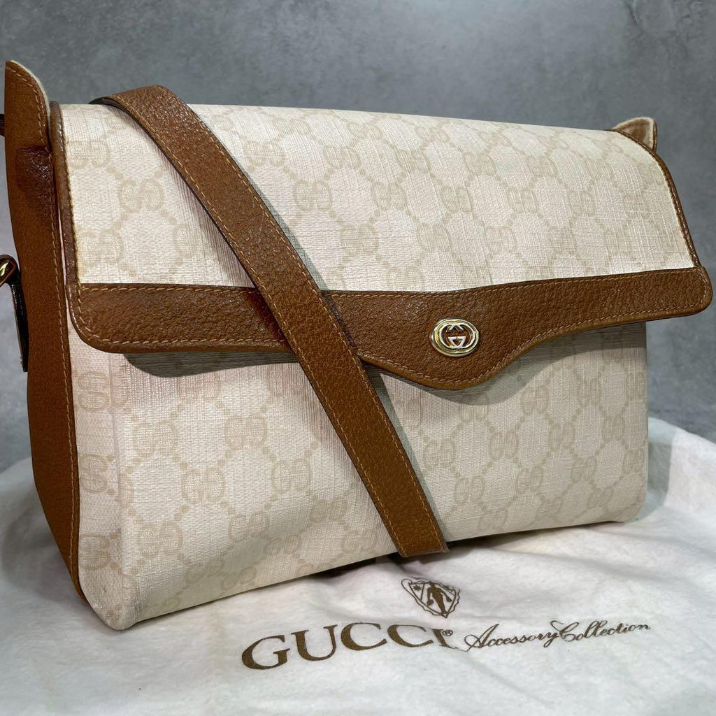 Gucci GG Shoulder Bag Beige Brown Logo Leather