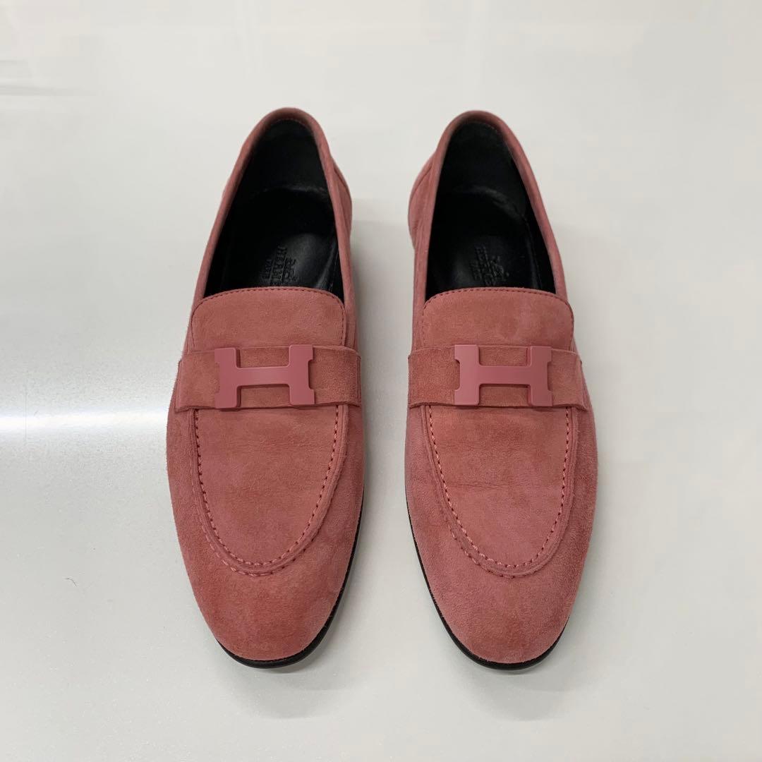 Hermes Paris Suede Hhardware Loafers Pink — view 2