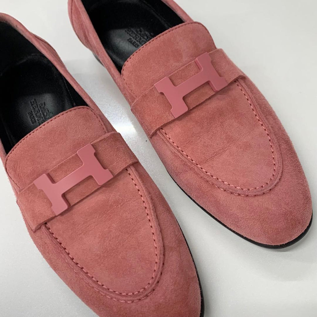 Hermes Paris Suede Hhardware Loafers Pink — view 9