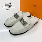 Hermes Jota Leather Kelly Mules Off White