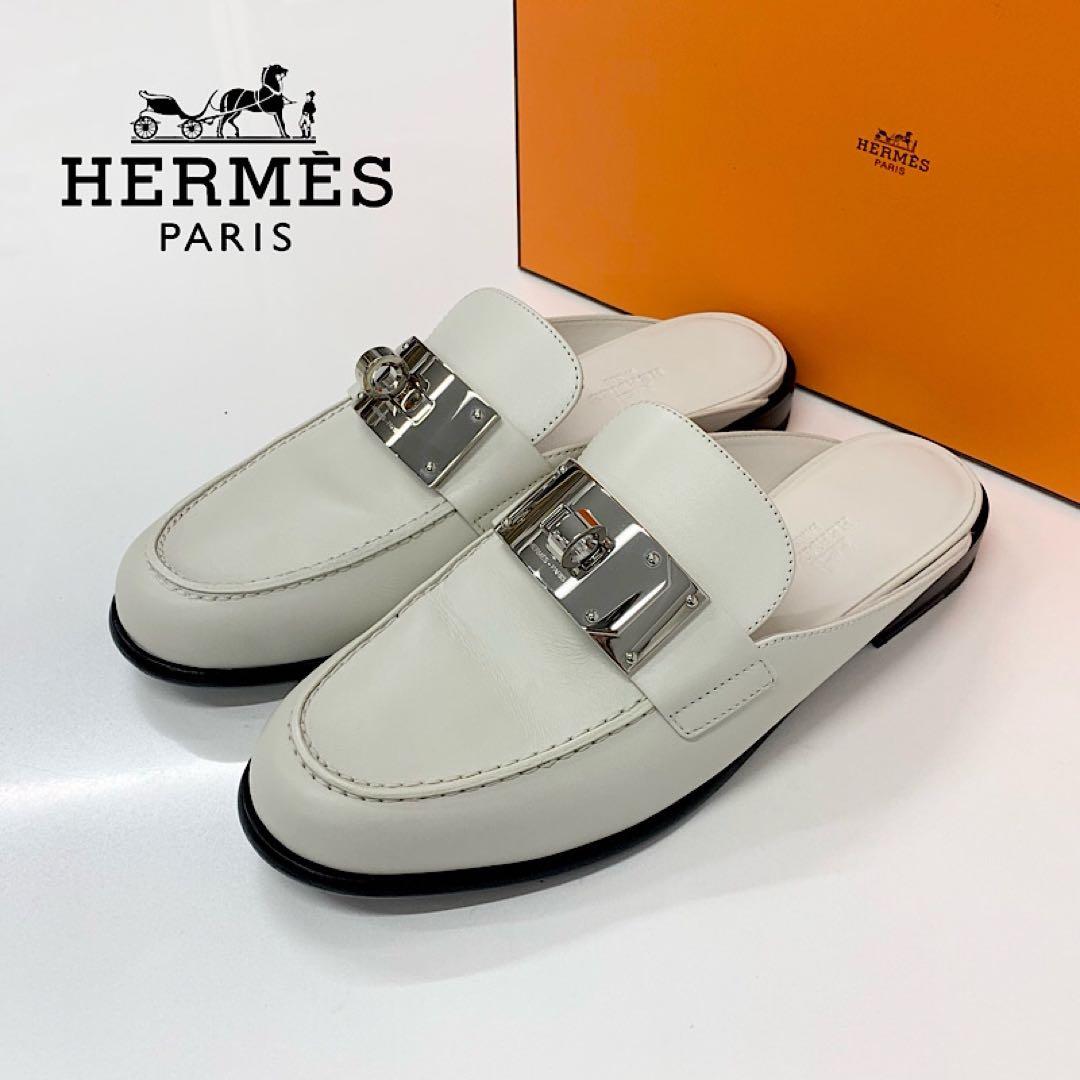 Hermes Jota Leather Kelly Mules Off White