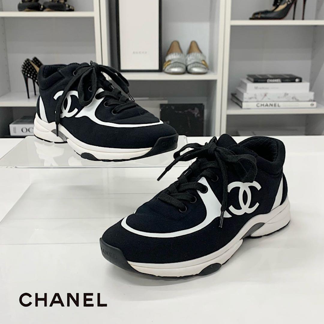 Chanel CC Logo Fabric Sneakers Black White